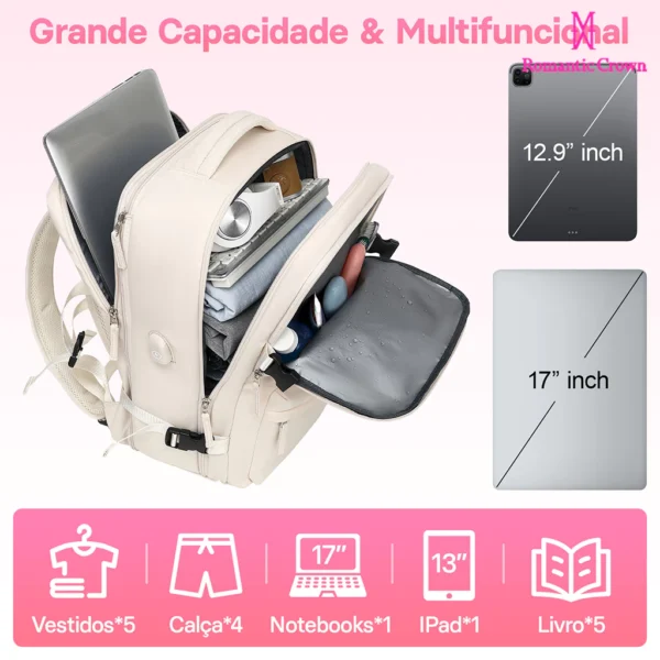 Mochila de Viagem Feminina Multifuncional Impermeável Reforçada Expansível - Imagem 3