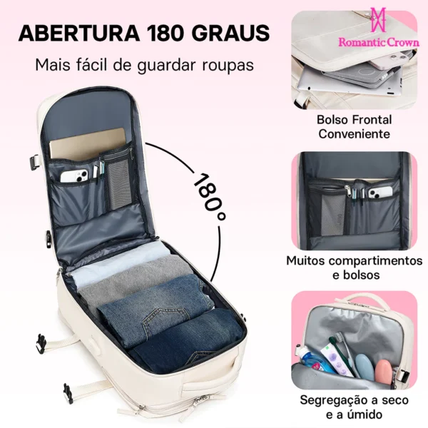 Mochila de Viagem Feminina Multifuncional Impermeável Reforçada Expansível - Imagem 6